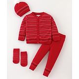 Yellow Apple Cotton Knit Full Sleeves Striped Sweater Set with Cap & Socks - Red