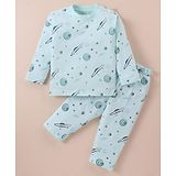 Doreme Single Jersey Knit Full Sleeves Night Suit with UFO Print - Aqua Blue