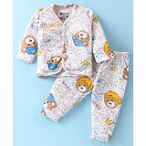 Bodycare Interlock Knit Full Sleeves Front Open Night Suit With Teddy Print - Light Grey