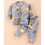 Bodycare Interlock Knit Full Sleeves Front Open Night Suit With Vehicles Print - Grey