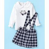 Simply Premium Cotton Knit Full Sleeves Peter Pan Collared Top with Checkered Skirt & Fox Patch - Black & White