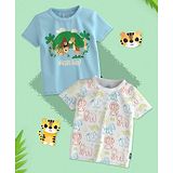 Nauti Nati Pack Of 2 Half Sleeves  Animals Printed Bio Finish Tees - Aqua Blue & White