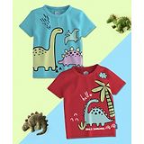 Nauti Nati Pack Of 2 Half Sleeves Dinosaur Printed Bio Finish Tees - Blue & Red