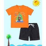 Nauti Nati Cotton Half Sleeves Bear & Ship Printed Tee With Shorts - Orange