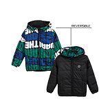 Okane Knit Full Sleeves Reversible Hooded Jacket Text Print & Solid Colour- Green & Blue