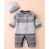 Yellow Apple Knit Full Raglan Sleeves Printed Winter Wear Romper with Cap - Grey