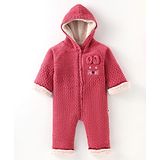 Yellow Apple Knit Full Sleeves Winter Wear Hooded Romper With Animal Applique - Red