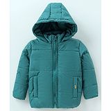 Yellow Apple Woven Full Sleeves Padded Hooded Solid Colour Jacket - Teal Blue