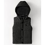 Yellow Apple Woven Sleeveless Solid Color Hooded Padded Jacket - Black