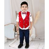 BAD BOYS Full Sleeves Printed Satin Shirt, Cotton Lycra Waistcoat, Pants, and Bow Set -Red