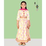 Kids On Board Cotton Three Fourth Sleeves Geometric Printed & Gota Lace Embellished Lehenga Choli With Dupatta - Cream & Pink