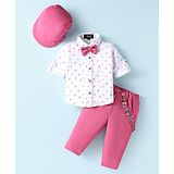 Robo Fry Cotton Woven Full Sleeves  Nautical Theme Printed Shirt & Trouser Set with Bow Hat & Suspender -White