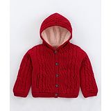 Yellow Apple Full Sleeves Front Open Hooded Sweater with Cable Knit Design - Dark Red