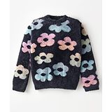 Yellow Apple Knit Full Sleeves Sweater with Floral Design - Black