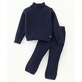 Yellow Apple Knitted Full Sleeves  Cable Knit Designed Sweater Set - Navy Blue