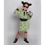 Taffykids Full Sleeves Animal Printed  Bomber Jacket With Matching Skort And Singlet Crop Top Set - Neon Green & Black