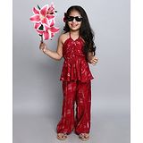 Taffykids Halter Neck Abstract Printed Front Ruched Peplum Top And Pant Set - Red