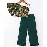 My Pink Closet Brocade One Shoulder Floral Foil Printed Top & Trousers Ethnic Set - Green