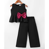 My Pink Closet Sleeveless Sequins Embellished Bow Applique Detailed Top & Trousers Set - Black