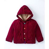 Yellow Apple Knitted Full Sleeves Hooded Sweatjacket With Cable Knit Design - Maroon