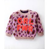 Yellow Apple Cotton Knit Full Raglan Sleeves Pullover with Text Embroidery - Beige & Purple