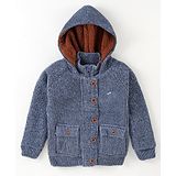 Yellow Apple Knitted Full Sleeves Hooded Solid Colour Sweatjacket - Blue