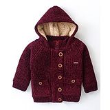 Yellow Apple Knitted Full Sleeves Hooded Solid Colour Sweatjacket - Maroon