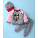 Yellow Apple Knit Full Raglan Sleeves Sweater Set with Cap & Embroidered Design - Grey