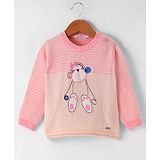 Wingsfield Full Sleeves Animal Face Embroidered Striped Sweater - Peach