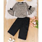 Bella Moda Cotton Bell Sleeves Bow Applique Hearts Printed Top With Solid Pant - Black