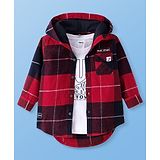 Ruff Twill Woven Full Sleeves Hooded Checks Shirt with Text Printed T- Shirt - Red & White