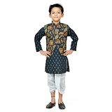 Teentaare Cotton Full Sleeves Floral Printed Kurta Kurta Set with Jacket -Navy Blue