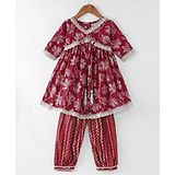 Ridokidz Full Sleeves Floral   Printed Lace Embellished Kurta With Salwar Kameez Set - Maroon