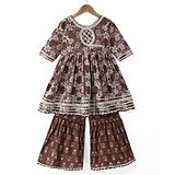 Ridokidz Full Sleeves Floral Printed Lace Embellished Kurta With Salwar Kameez Set - Brown