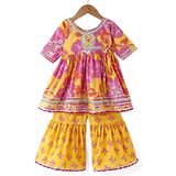 Ridokidz Full Sleeves Floral  Printed Lace Embellished Kurta With Salwar Kameez Set - Yellow & Pink