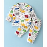 Bodycare Cotton Knit Full Sleeves Collared Night Suit With Animals Print - Off White