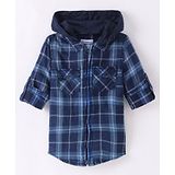 Under Fourteen Only Full Sleeves Checked Hooded Shirt - Blue