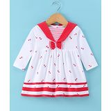 ToffyHouse Cotton Knit Full Sleeves Sailor Neck Frock With Nautical Theme Print - Red & White