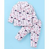 Little Darlings Interlock Knit Full Sleeves Front Open Night Suit With Kittens Print - Off White & Baby Pink