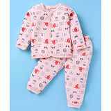 Little Darlings Interlock Full Sleeves Front Open Night Suit With Animals Print - Pink