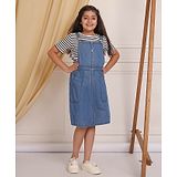 Budding Bees Cotton Half Sleeves Striped Tee With Solid Dungaree Set - Blue