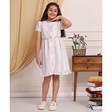 Budding Bees Cotton Half Sleeves Striped Dress - Off White