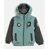 Okane Woven Full Sleeves Padded Hooded Jacket With Alphabet Embroidery Detailing - Green