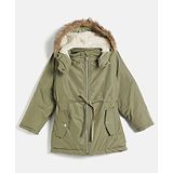 Okane Knit Full Sleeves Solid Colour Padded Jacket With Detachable Hood - Olive Green