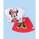 Babyhug Disney Cotton Knit Half Sleeves Top & Skirt Set With Mickey Mouse Graphics & Badge Detailing - Red & White