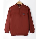 Ruff Cotton Knit Full Sleeves Solid Colour T-Shirt with Text Applique & Front Zipper - Maroon