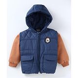 Little Kangaroos Bodycare Taffeta Knit Full Sleeves Padded Hooded Jacket with Patch Detailing - Navy Blue