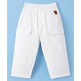 Little Kangaroos Cotton Woven Full Length Trouser With Bear Patch - White