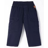 Little Kangaroos Cotton Woven Full Length Trouser With Bear Patch - Navy Blue