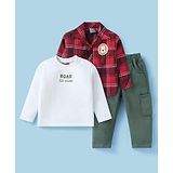 Little Kangaroos Cotton Knit Full Sleeves Checkered Shirt & Trouser Set with T-Shirt - Red